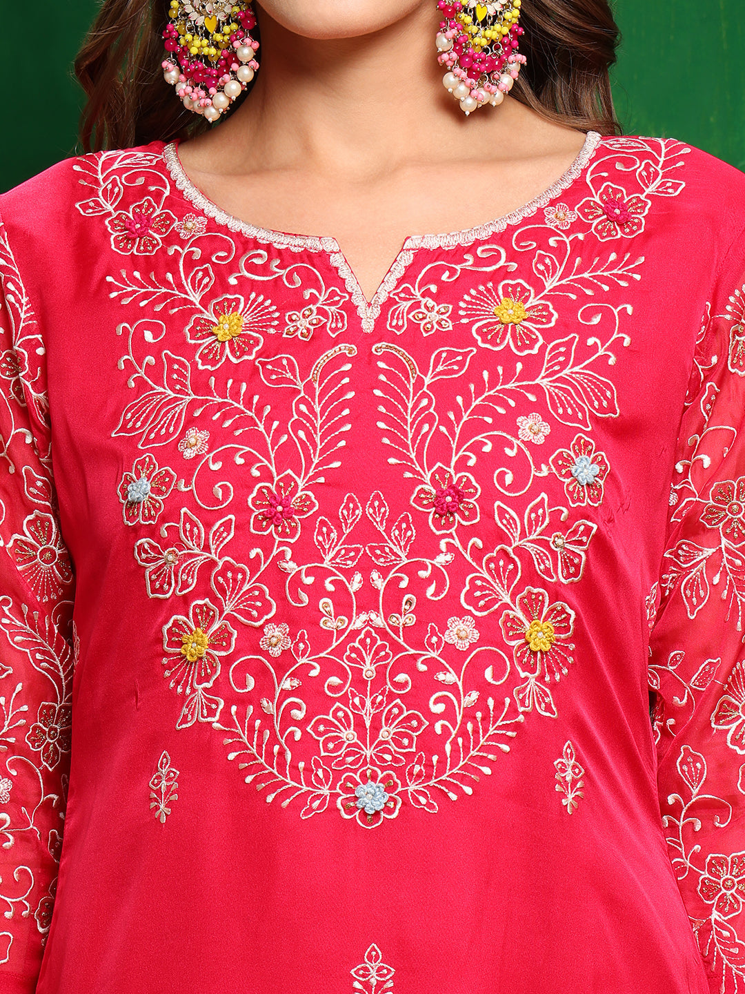 Hand Embroidered Kurta With Pant & Embroidered Dupatta, Pink - Hiral Fashion