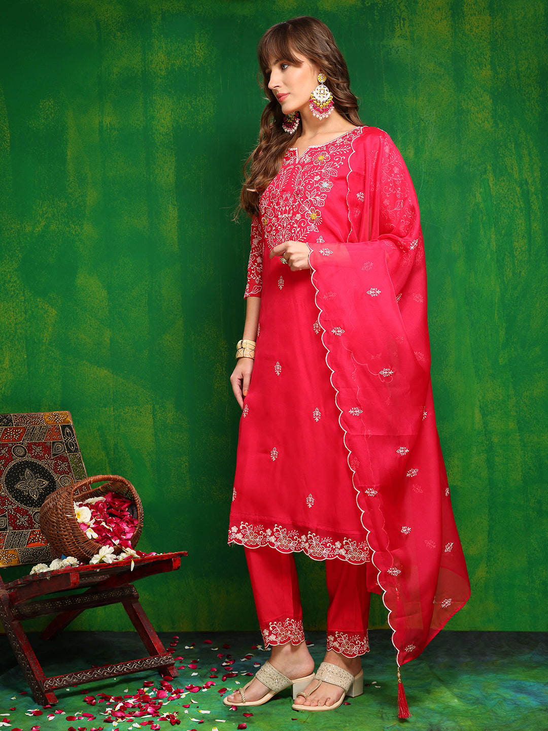 Hand Embroidered Kurta With Pant & Embroidered Dupatta, Pink - Hiral Fashion