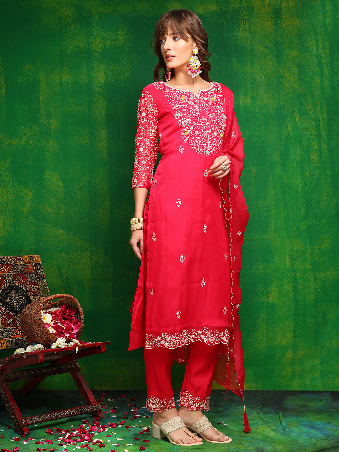 Hand Embroidered Kurta With Pant & Embroidered Dupatta, Pink - Hiral Fashion