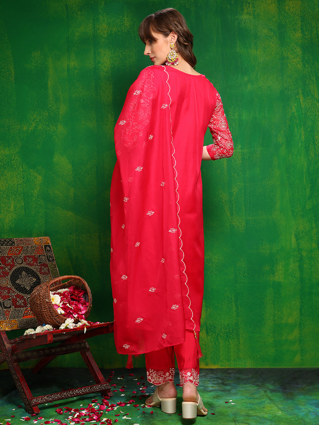 Hand Embroidered Kurta With Pant & Embroidered Dupatta, Pink - Hiral Fashion