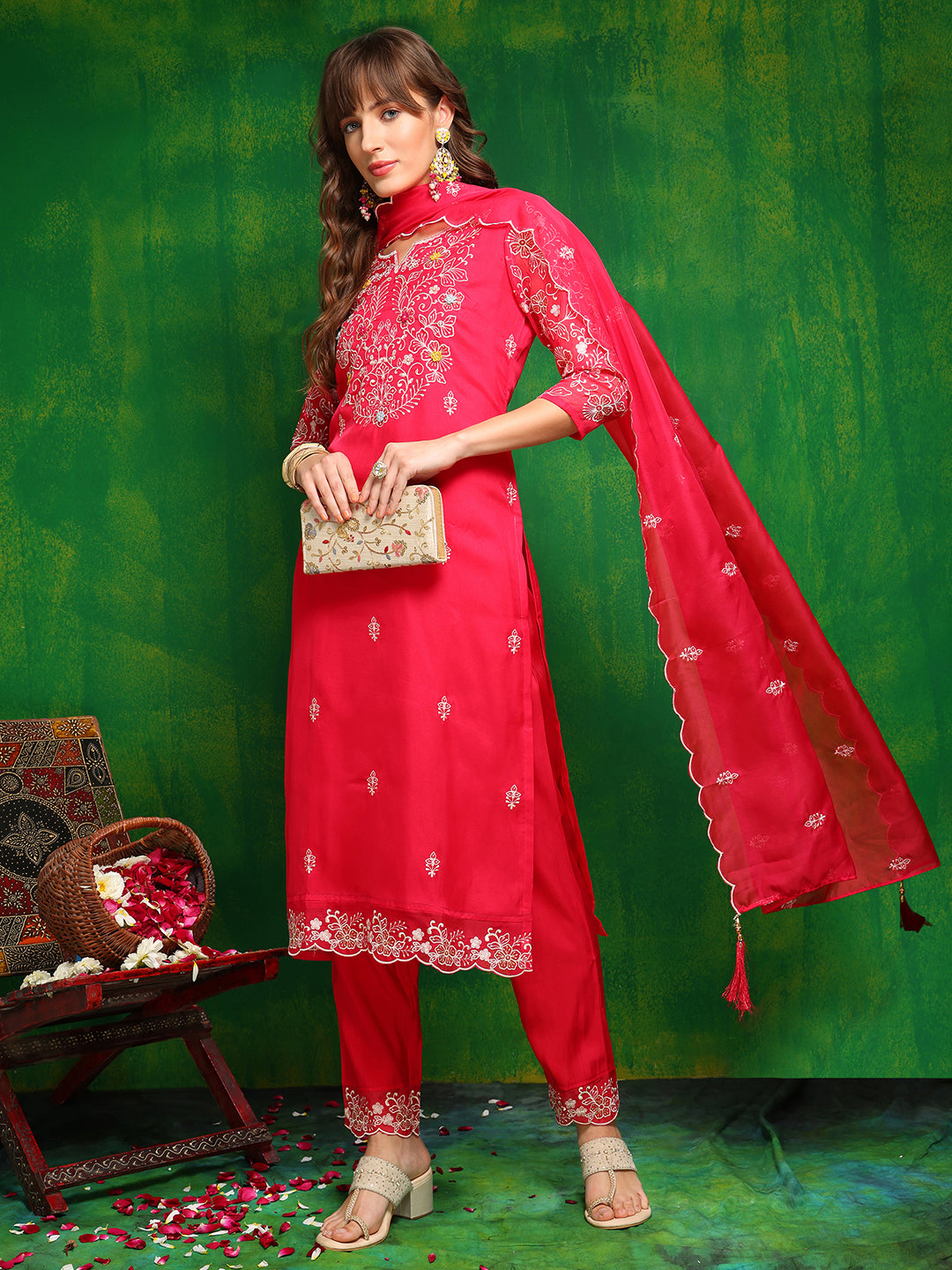 Hand Embroidered Kurta With Pant & Embroidered Dupatta, Pink - Hiral Fashion