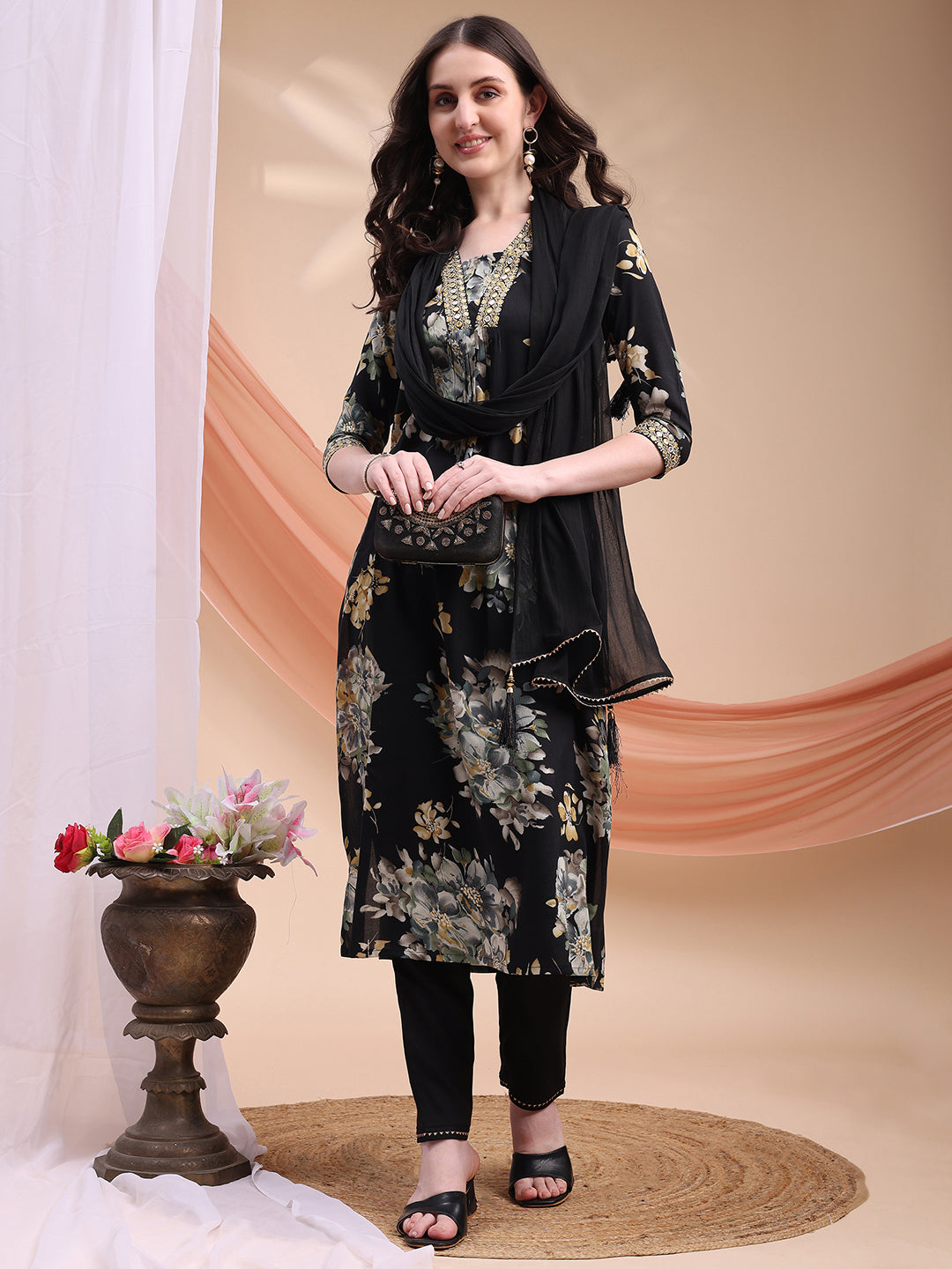 Floral Printed A-Line Kurta With Pant & Dupatta, Black - Hiral Fashion
