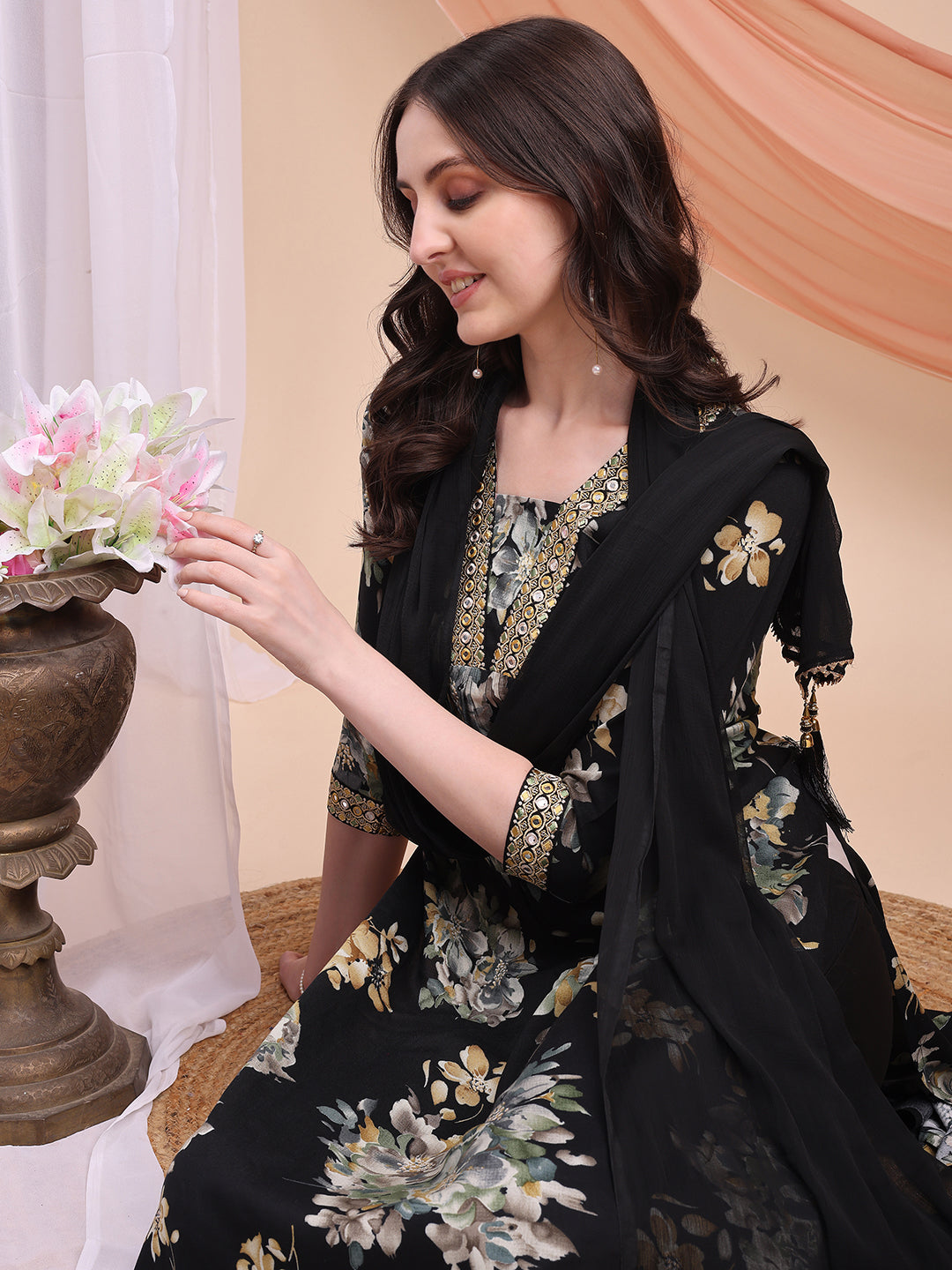 Floral Printed A-Line Kurta With Pant & Dupatta, Black - Hiral Fashion