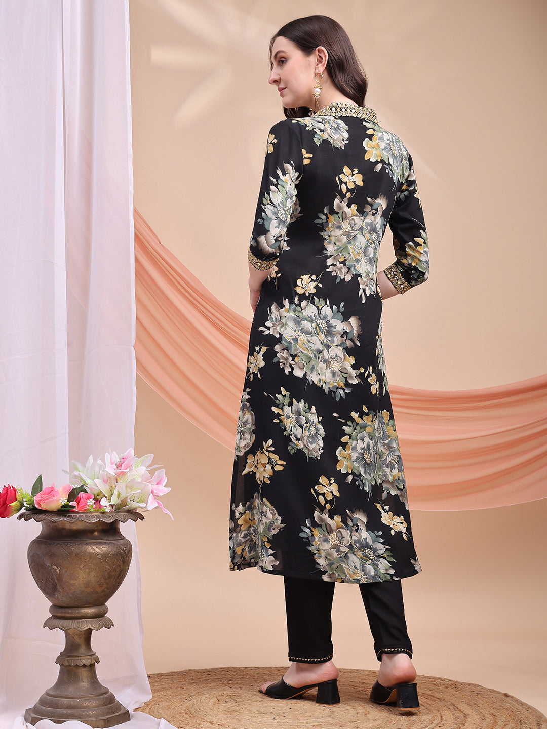 Floral Printed A-Line Kurta With Pant & Dupatta, Black - Hiral Fashion