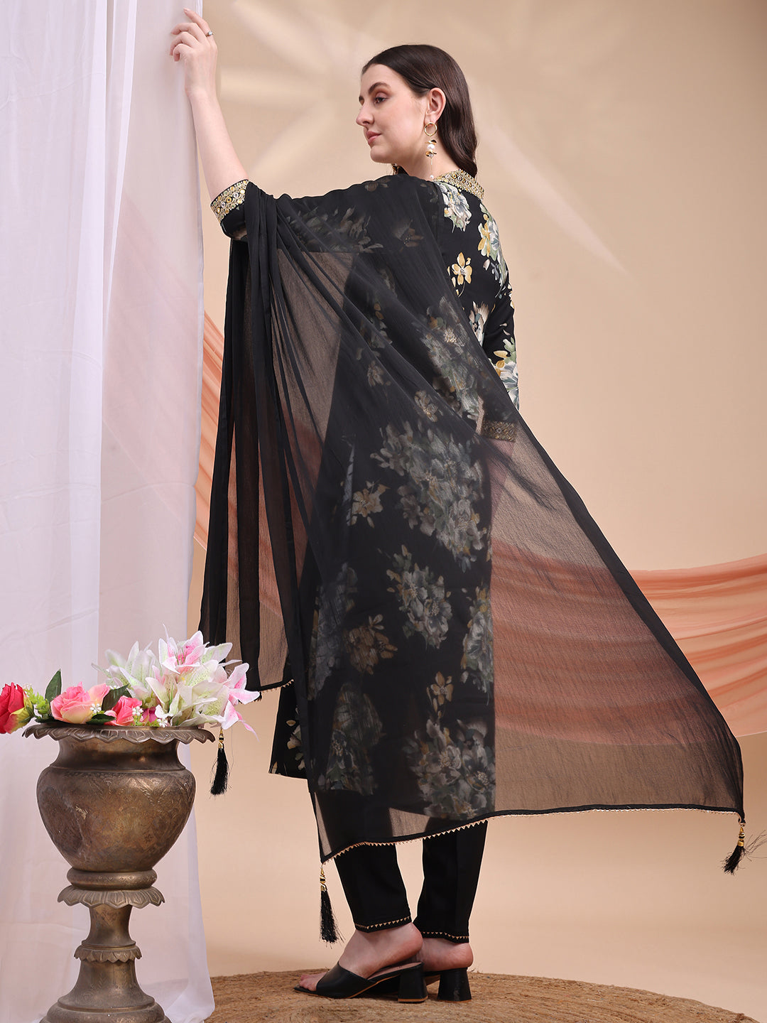Floral Printed A-Line Kurta With Pant & Dupatta, Black - Hiral Fashion