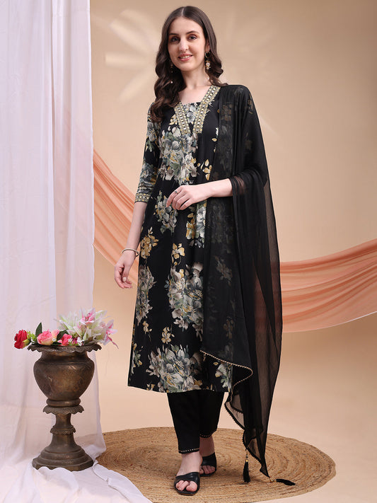 Floral Printed A-Line Kurta With Pant & Dupatta, Black - Hiral Fashion
