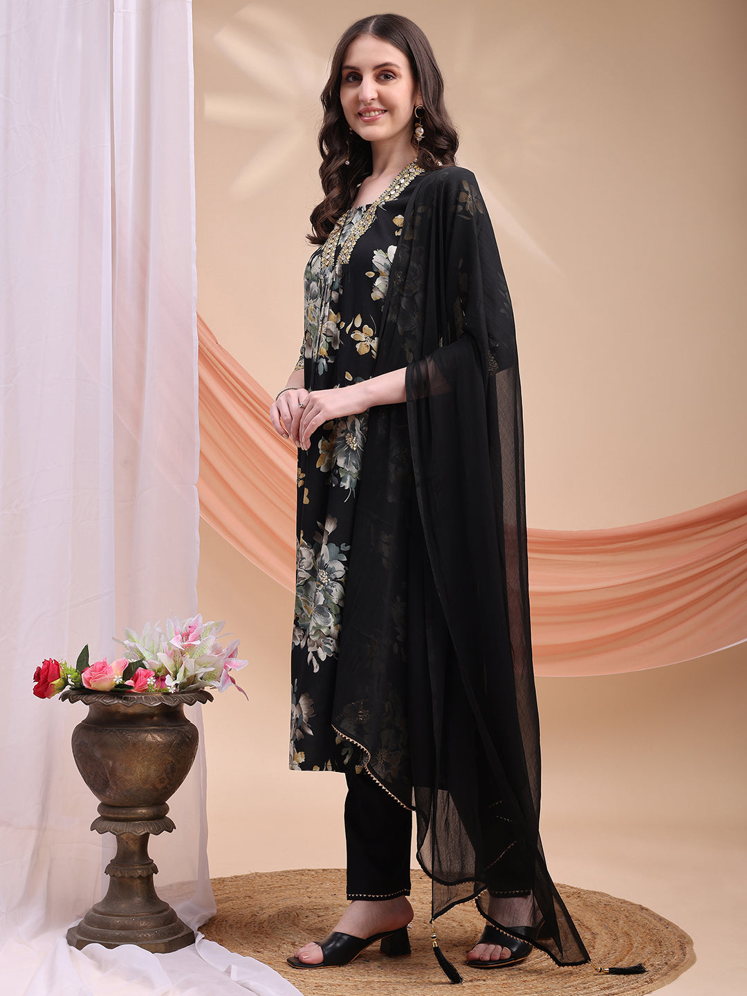 Floral Printed A-Line Kurta With Pant & Dupatta, Black - Hiral Fashion