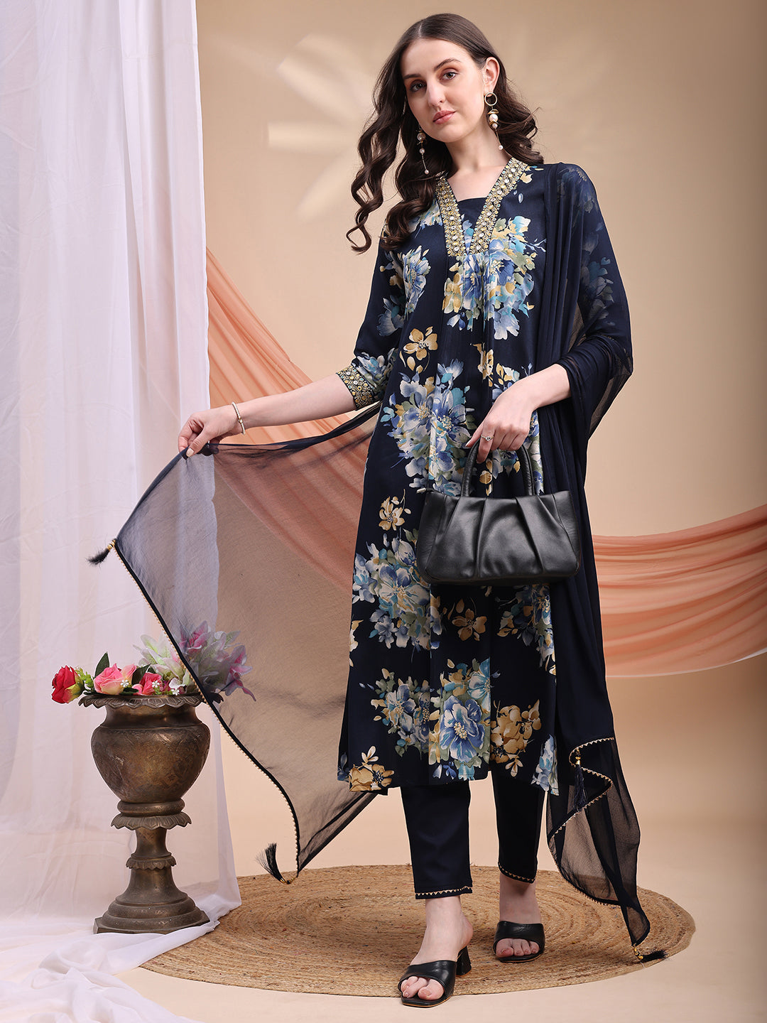 Floral Printed A-Line Kurta With Pant & Dupatta, Navy Blue - Hiral Fashion