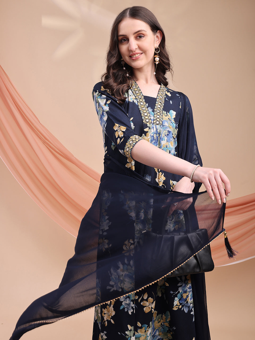 Floral Printed A-Line Kurta With Pant & Dupatta, Navy Blue - Hiral Fashion