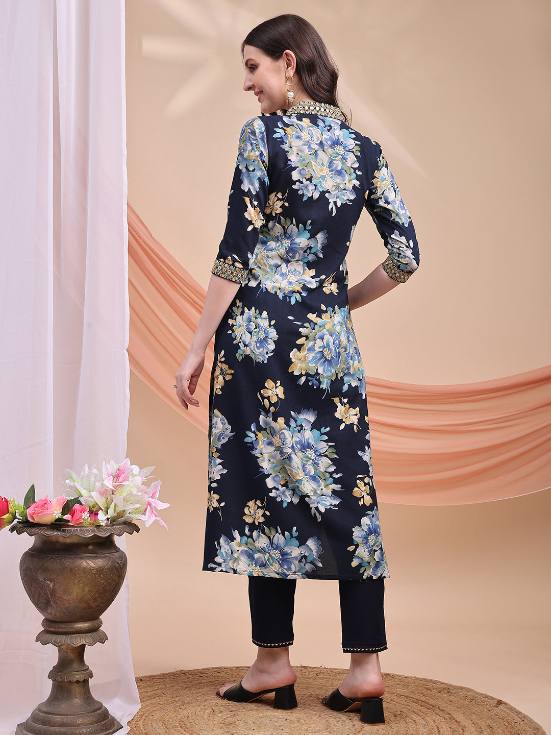 Floral Printed A-Line Kurta With Pant & Dupatta, Navy Blue - Hiral Fashion