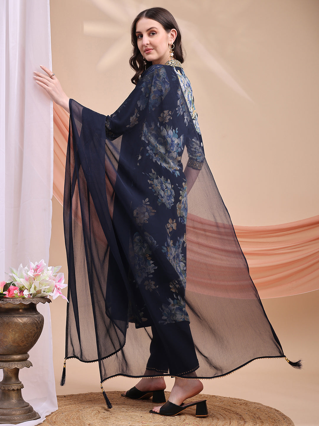 Floral Printed A-Line Kurta With Pant & Dupatta, Navy Blue - Hiral Fashion