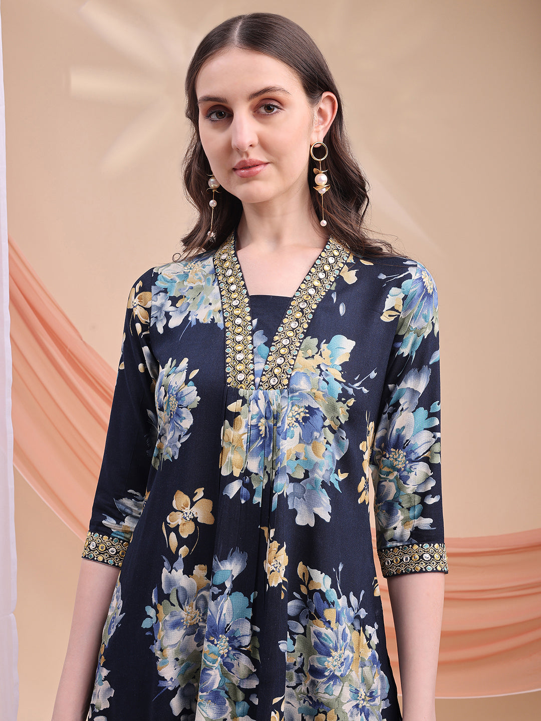 Floral Printed A-Line Kurta With Pant & Dupatta, Navy Blue - Hiral Fashion