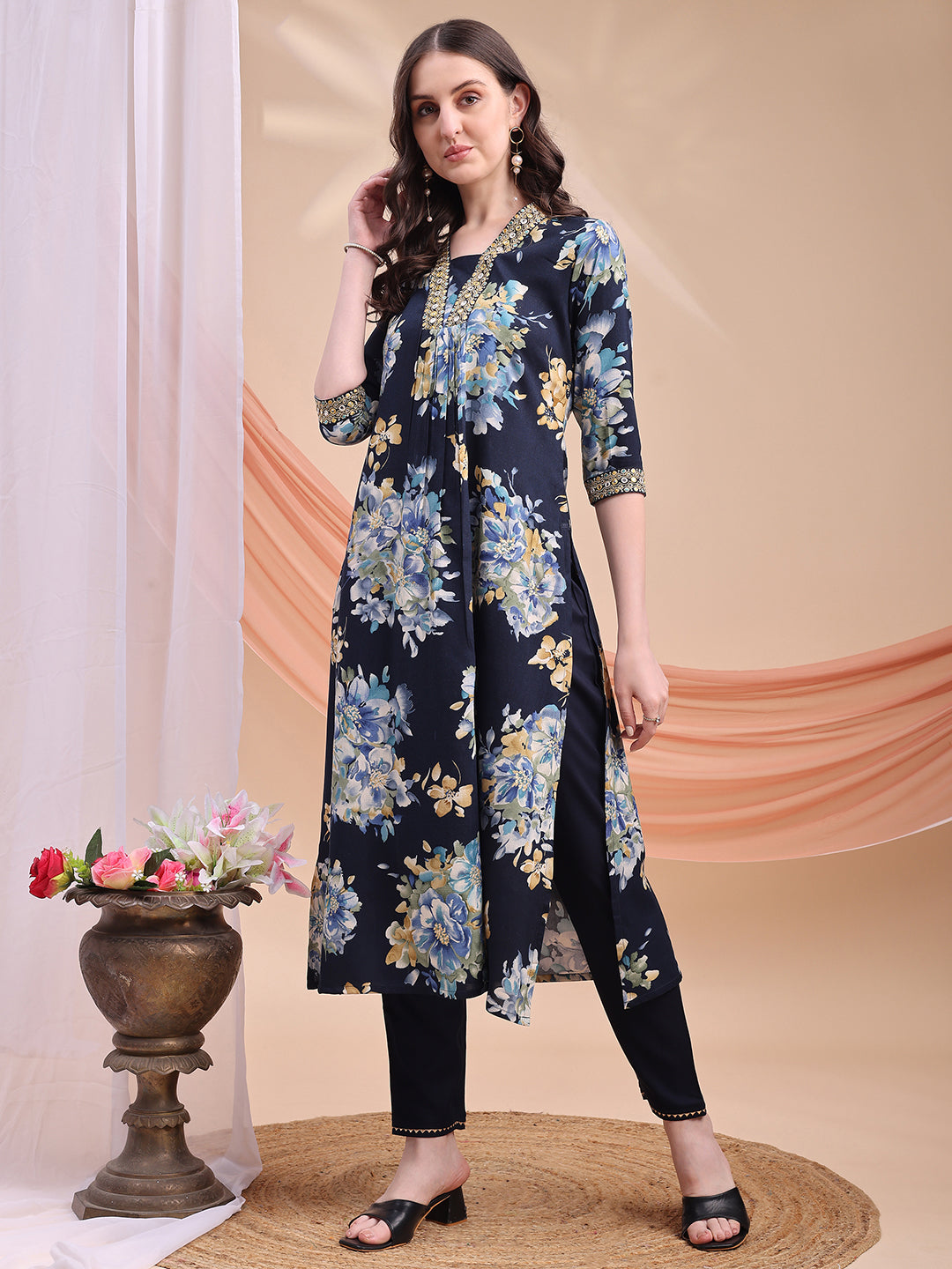 Floral Printed A-Line Kurta With Pant & Dupatta, Navy Blue - Hiral Fashion