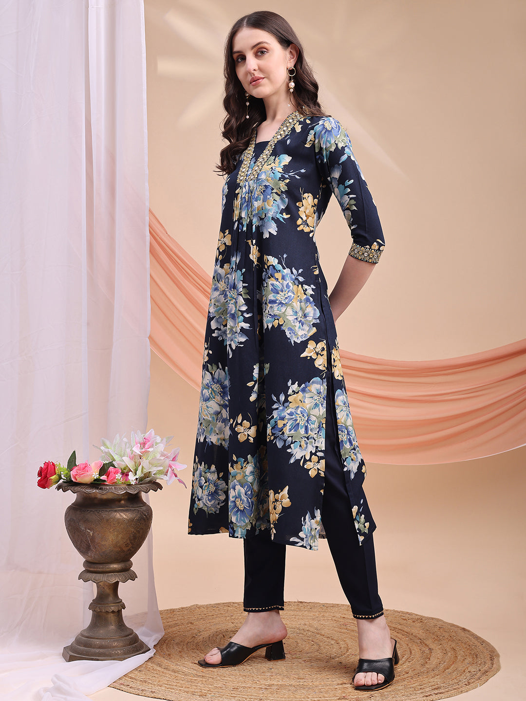 Floral Printed A-Line Kurta With Pant & Dupatta, Navy Blue - Hiral Fashion