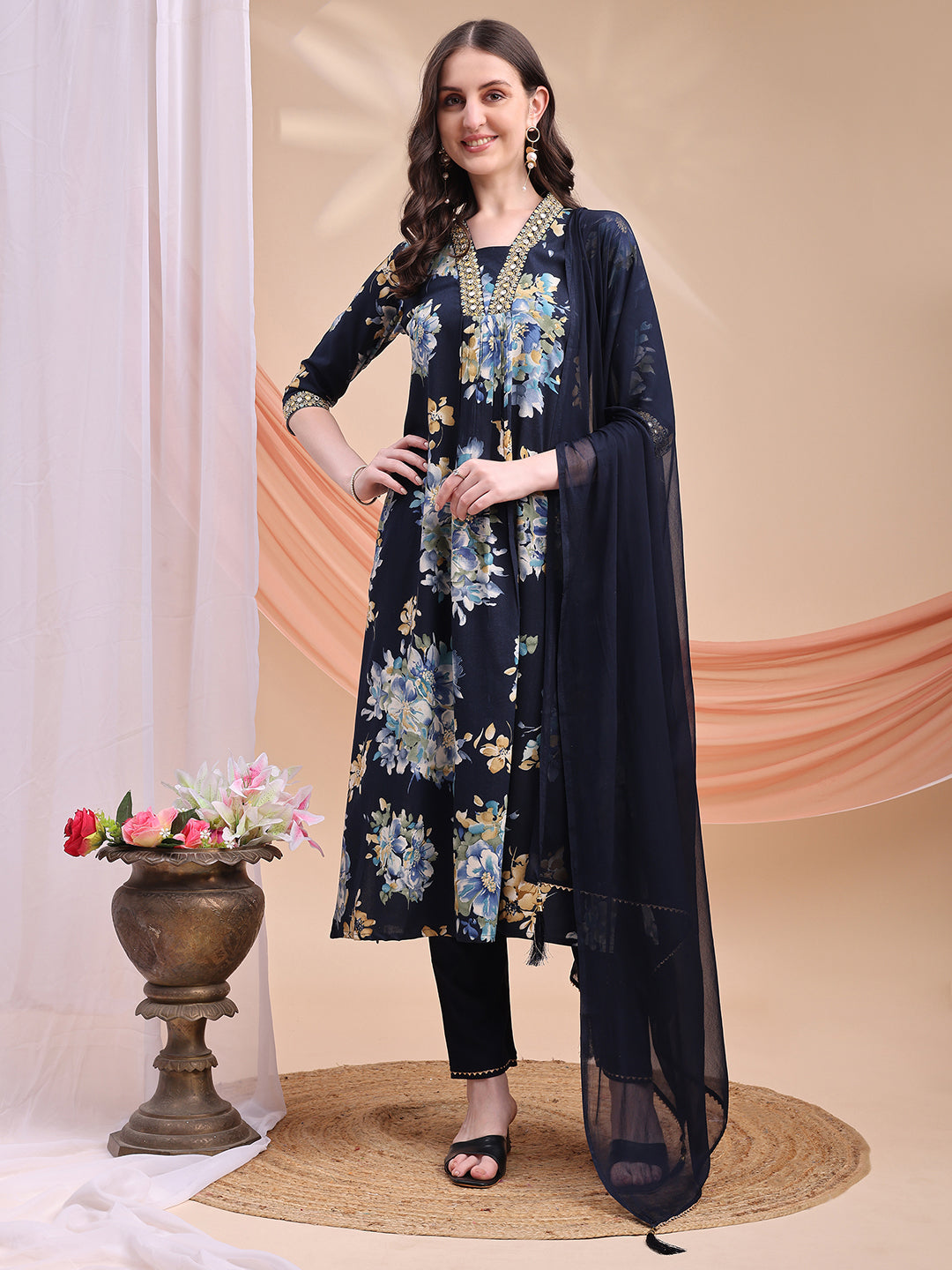 Floral Printed A-Line Kurta With Pant & Dupatta, Navy Blue - Hiral Fashion