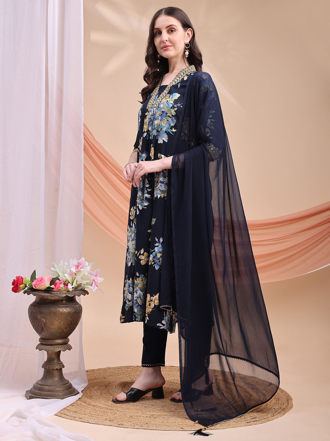 Floral Printed A-Line Kurta With Pant & Dupatta, Navy Blue - Hiral Fashion