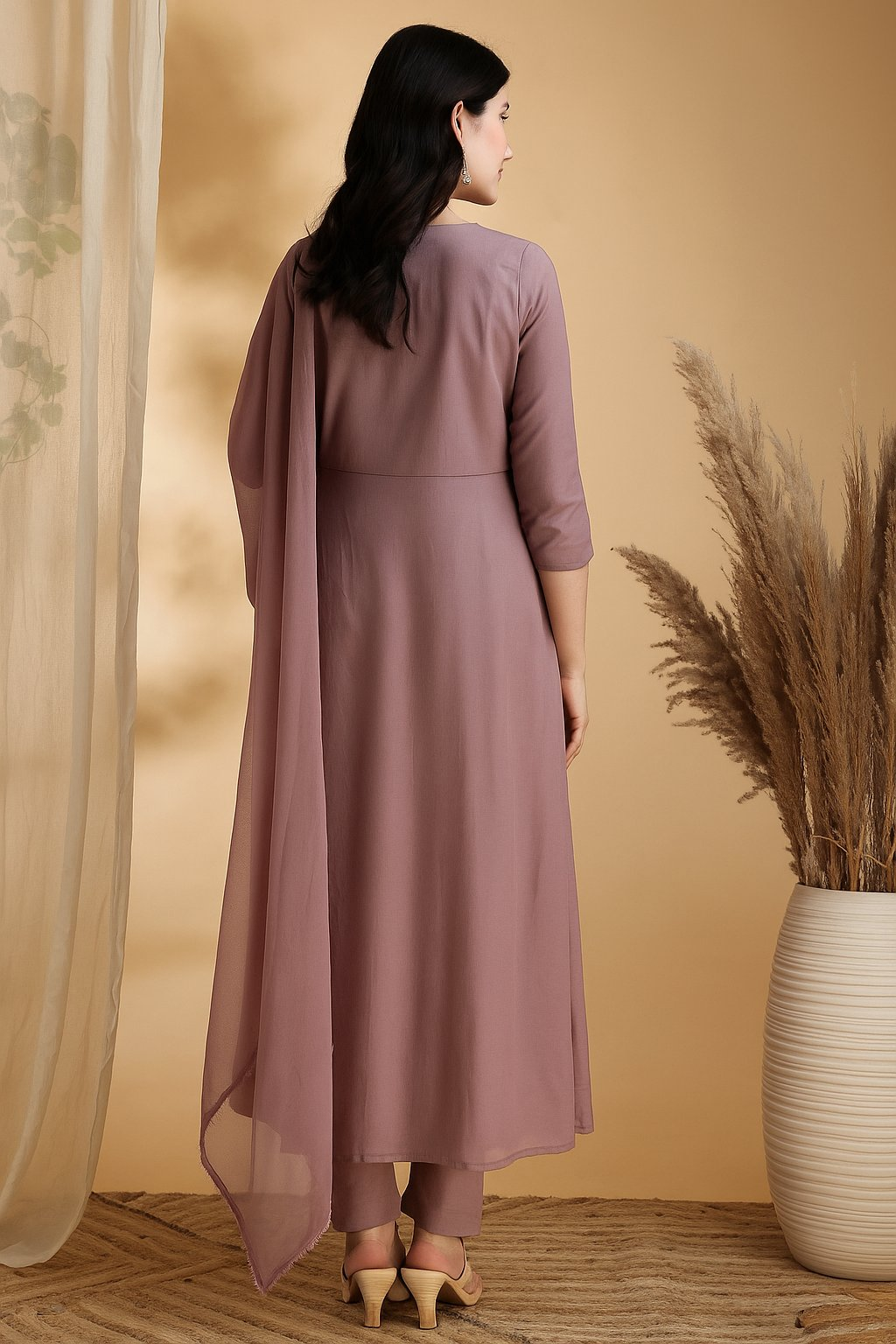 Angrakha Style Embroidered Anarkali Kurta With Pant & Dupatta, Mauve - Hiral Fashion