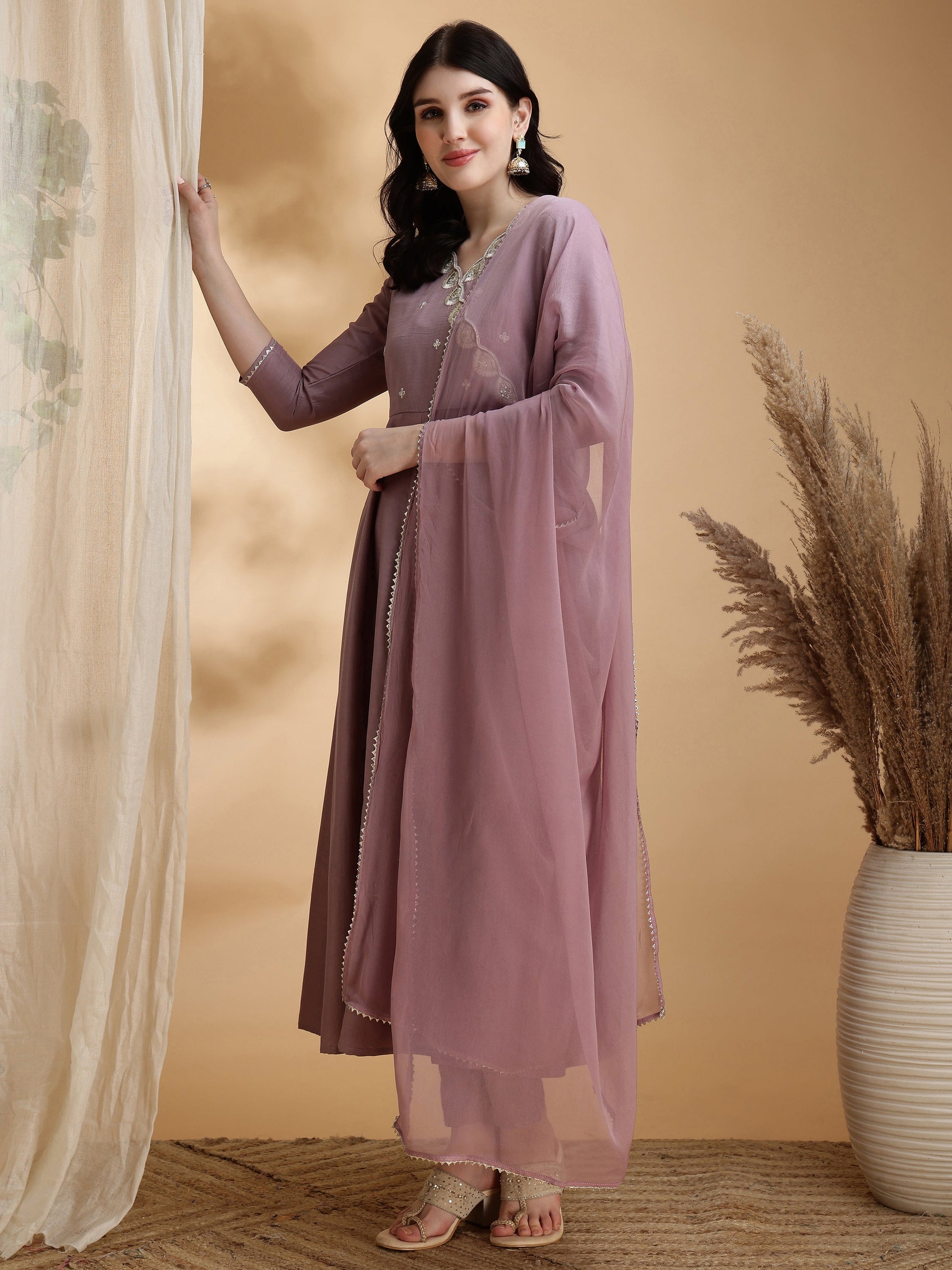Angrakha Style Embroidered Anarkali Kurta With Pant & Dupatta, Mauve - Hiral Fashion