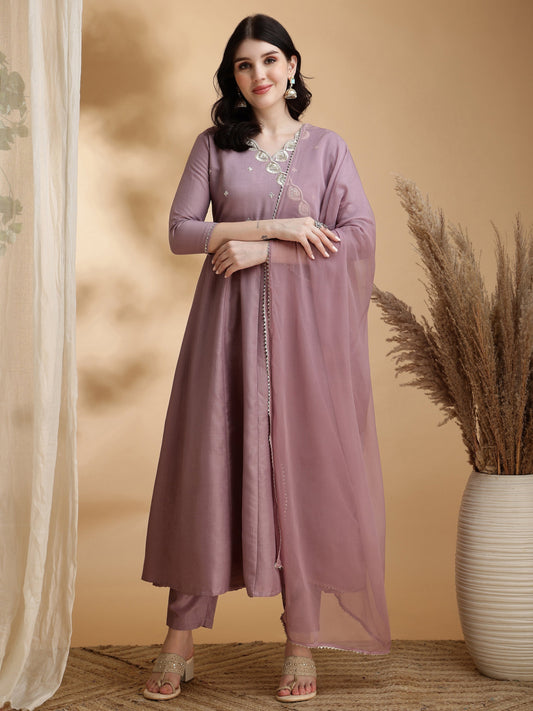 Angrakha Style Embroidered Anarkali Kurta With Pant & Dupatta, Mauve - Hiral Fashion