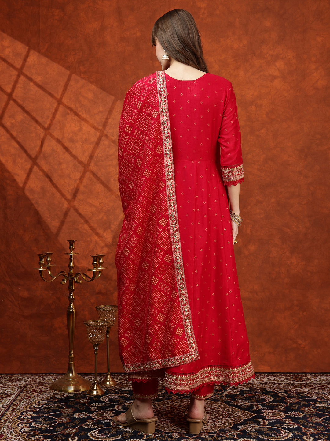 Embroidered Anarkali Kurta With Pant & Bandhni Printed Dupatta, Pink - Hiral Fashion