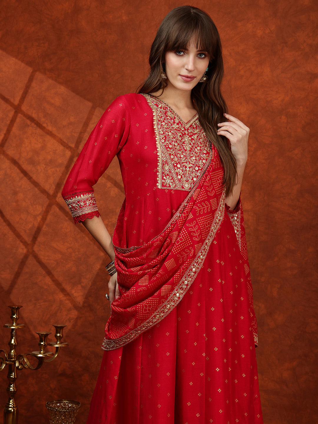 Embroidered Anarkali Kurta With Pant & Bandhni Printed Dupatta, Pink - Hiral Fashion