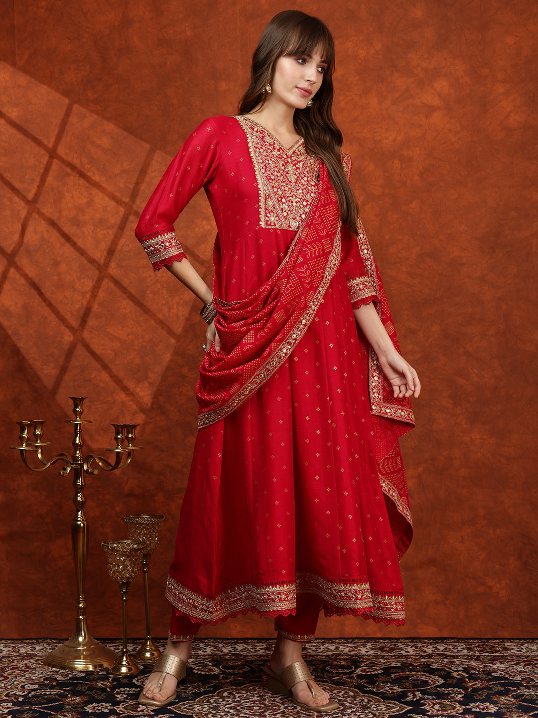 Embroidered Anarkali Kurta With Pant & Bandhni Printed Dupatta, Pink - Hiral Fashion