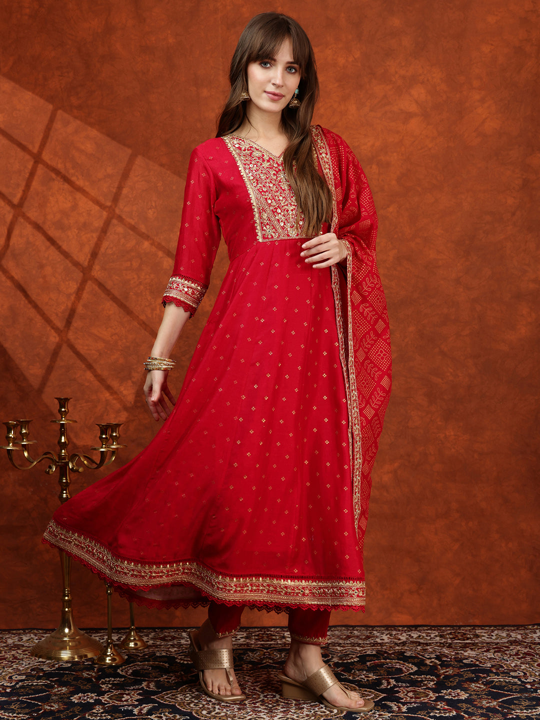 Embroidered Anarkali Kurta With Pant & Bandhni Printed Dupatta, Pink - Hiral Fashion