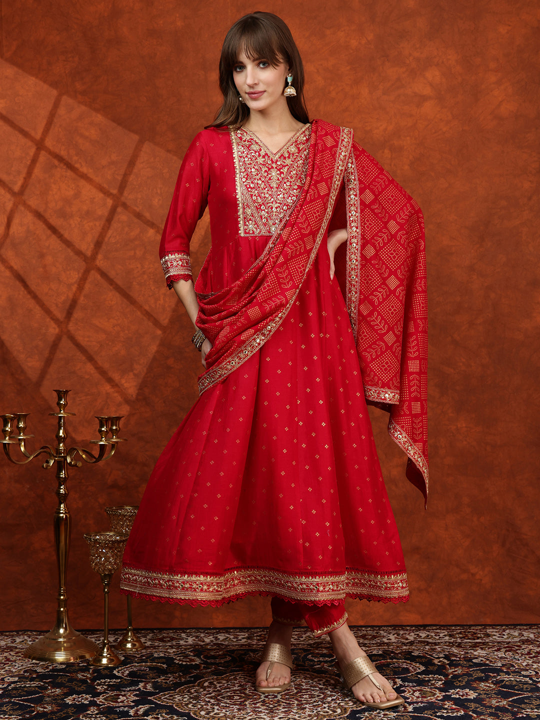 Embroidered Anarkali Kurta With Pant & Bandhni Printed Dupatta, Pink - Hiral Fashion