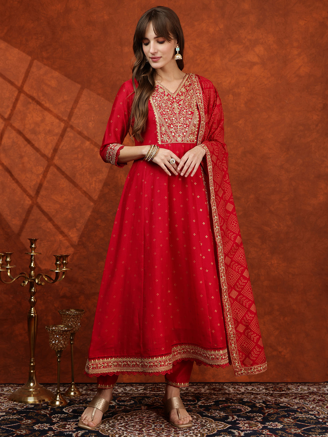 Embroidered Anarkali Kurta With Pant & Bandhni Printed Dupatta, Pink - Hiral Fashion