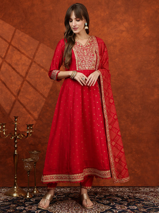 Embroidered Anarkali Kurta With Pant & Bandhni Printed Dupatta, Pink - Hiral Fashion