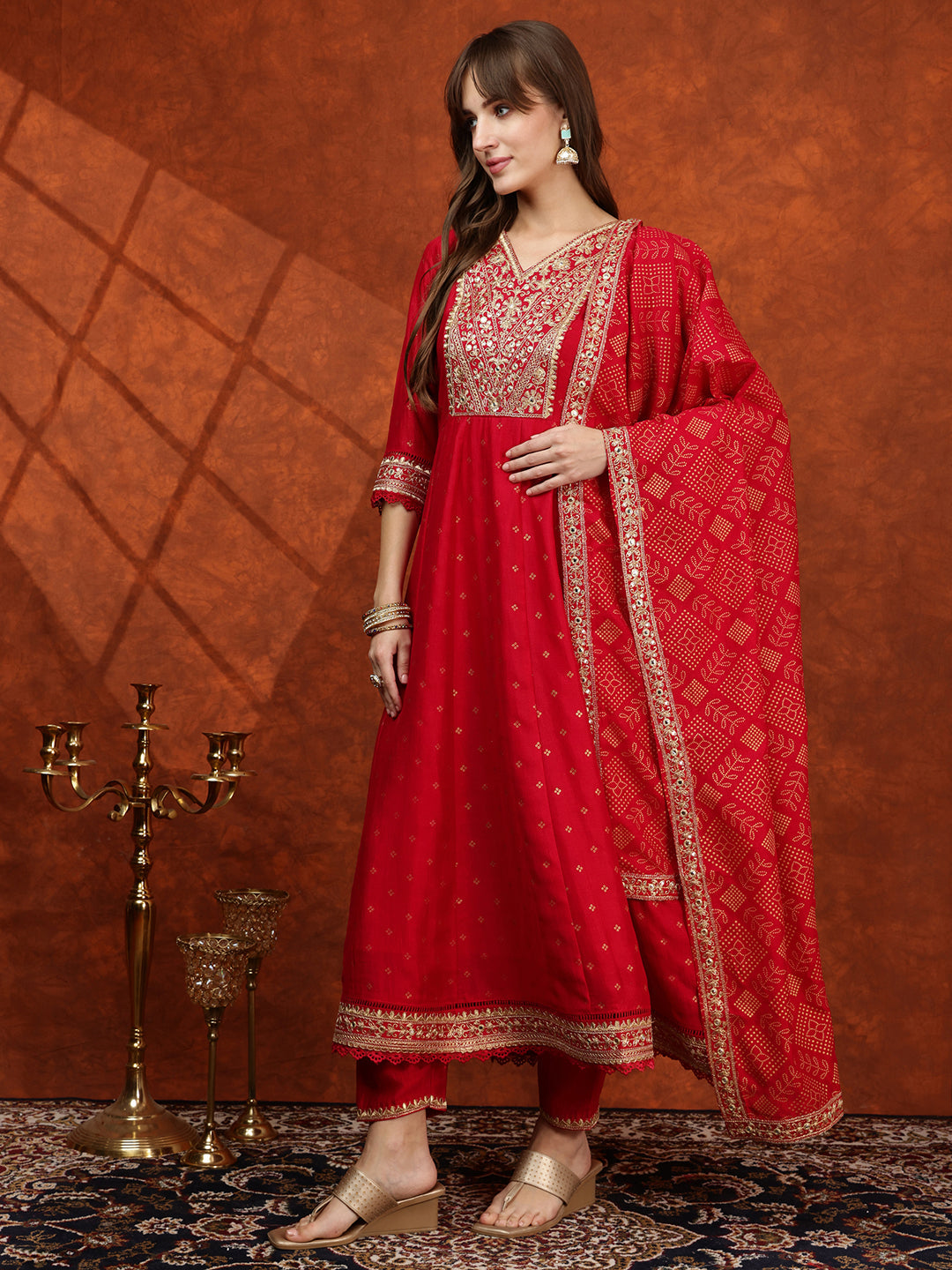 Embroidered Anarkali Kurta With Pant & Bandhni Printed Dupatta, Pink - Hiral Fashion