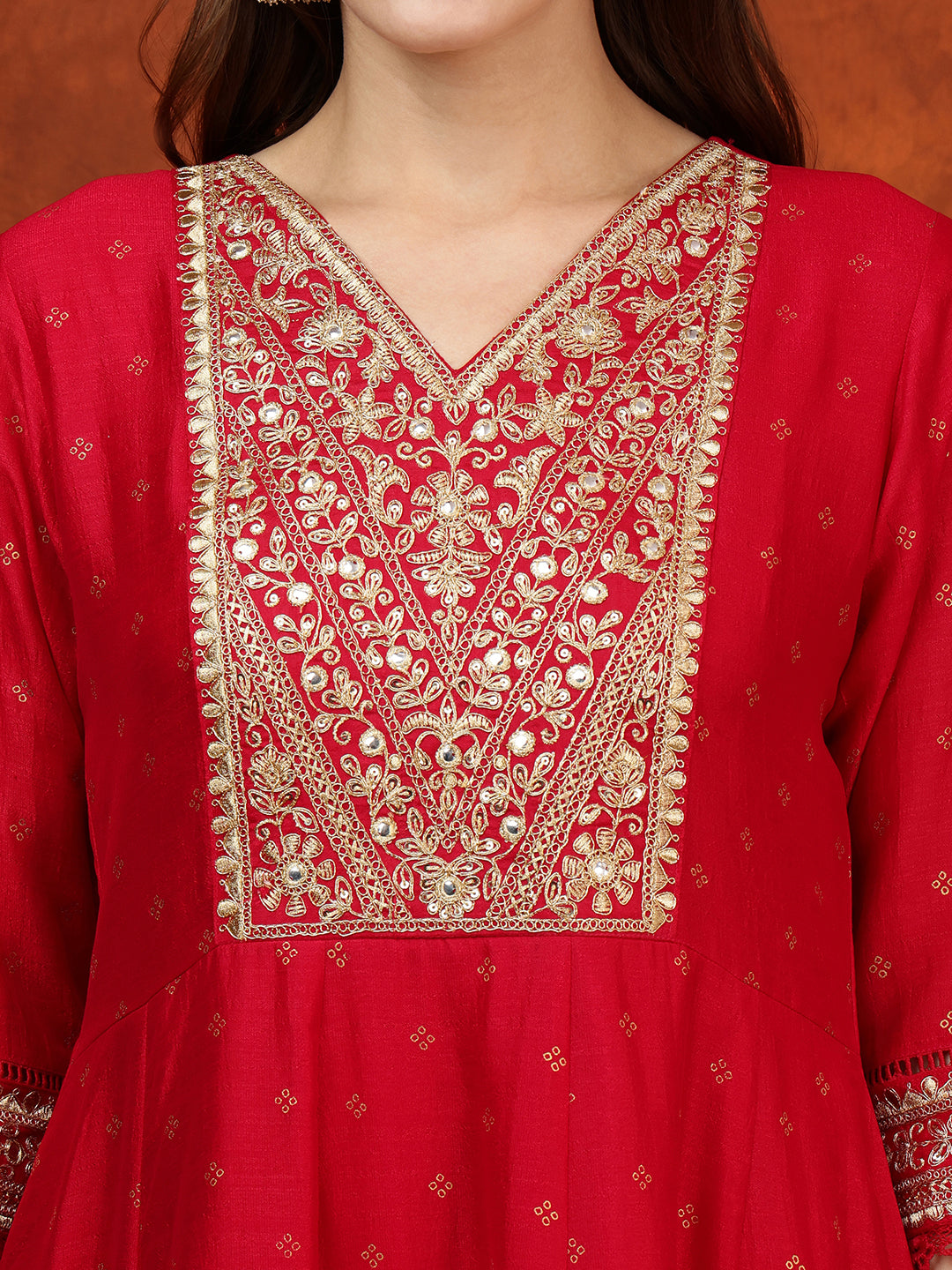 Embroidered Anarkali Kurta With Pant & Bandhni Printed Dupatta, Pink - Hiral Fashion