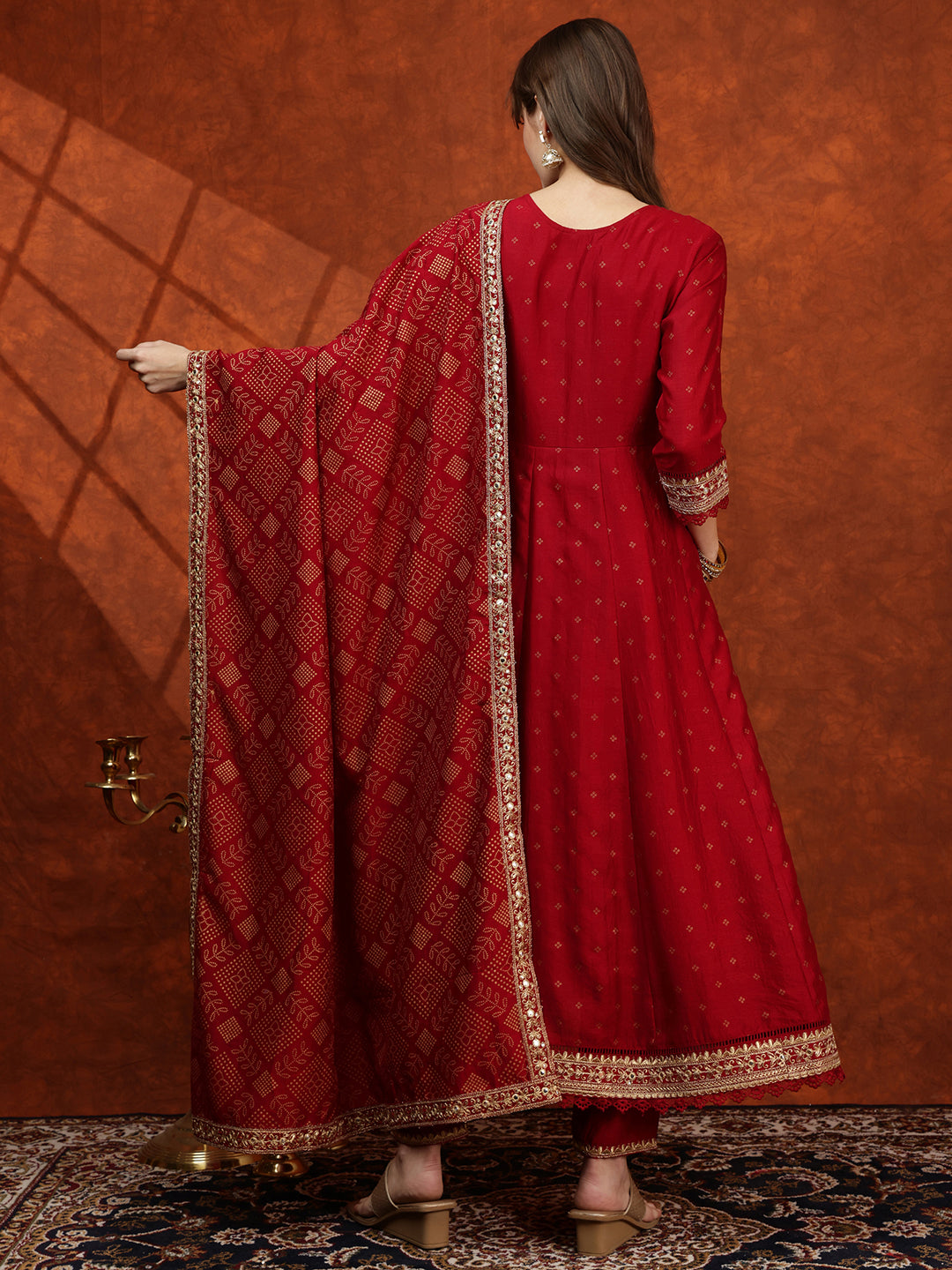 Embroidered Anarkali Kurta With Pant & Bandhni Printed Dupatta, Maroon - Hiral Fashion