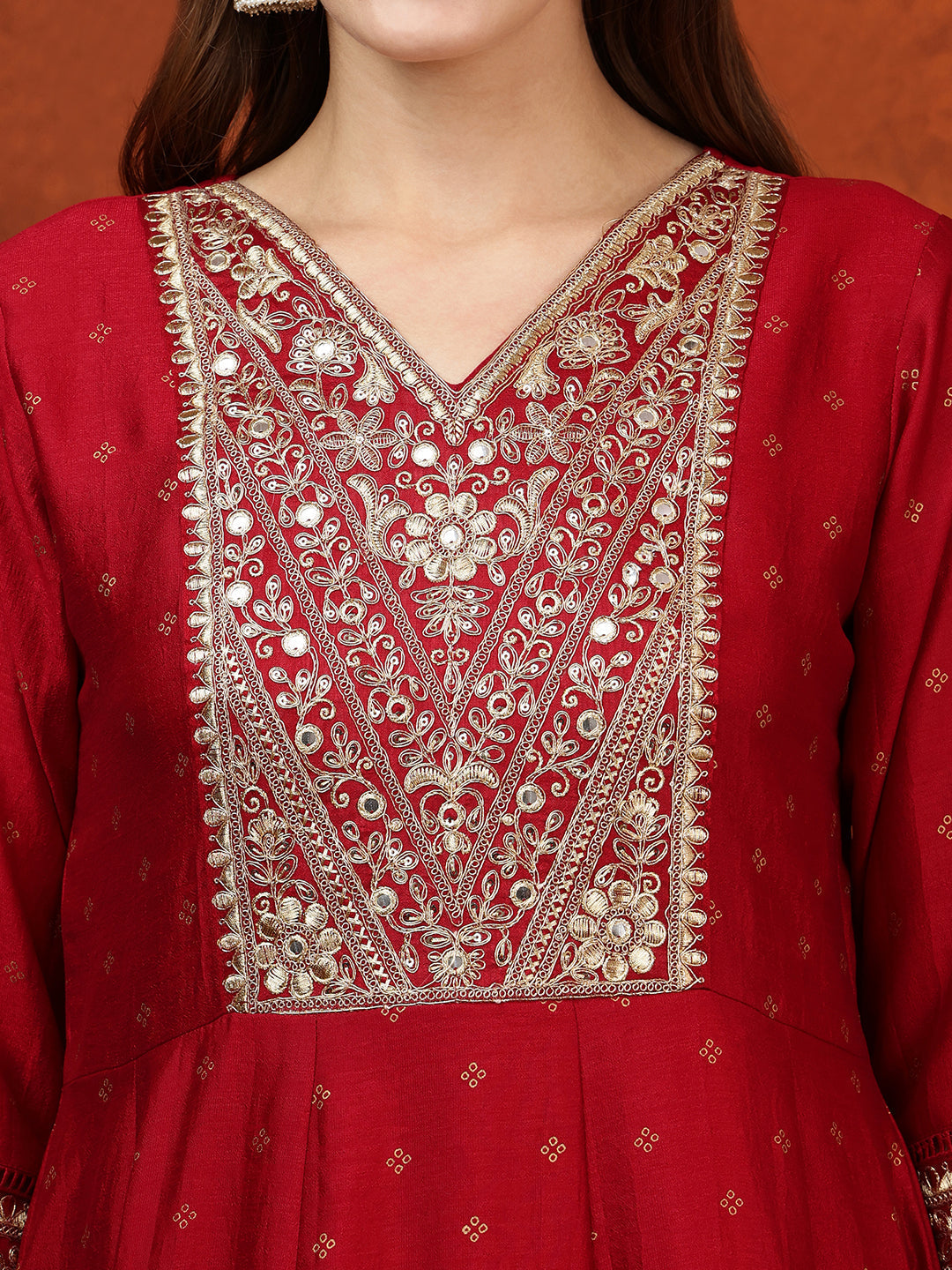 Embroidered Anarkali Kurta With Pant & Bandhni Printed Dupatta, Maroon - Hiral Fashion