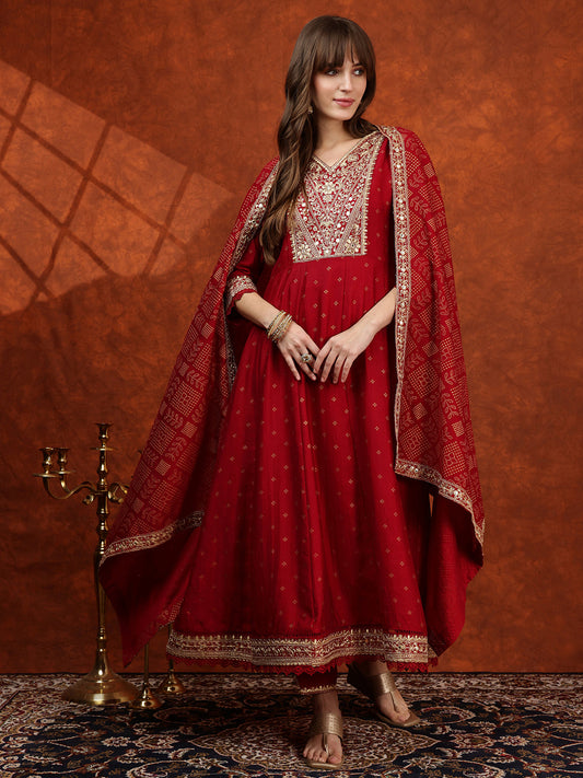 Embroidered Anarkali Kurta With Pant & Bandhni Printed Dupatta, Maroon - Hiral Fashion