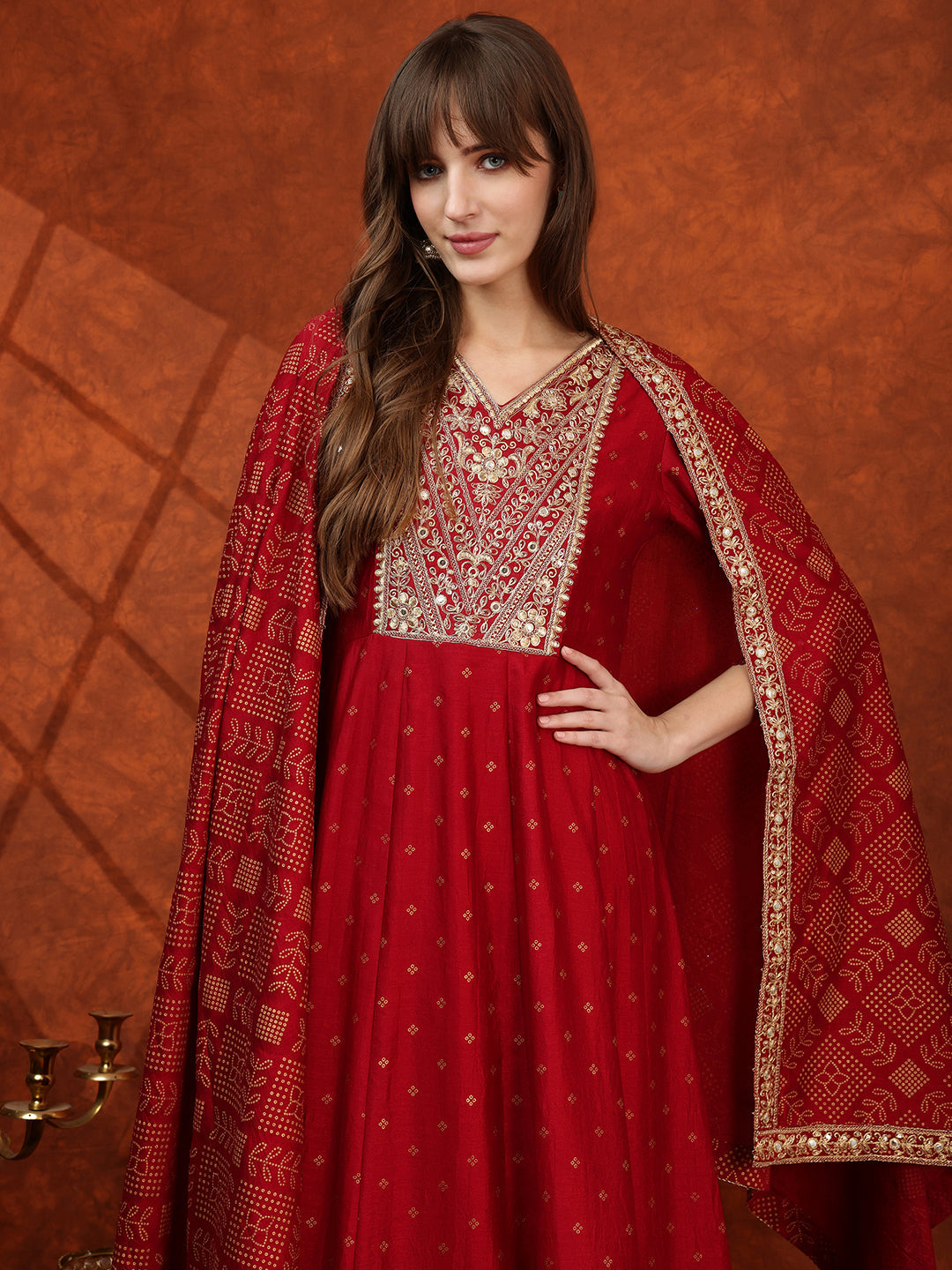 Embroidered Anarkali Kurta With Pant & Bandhni Printed Dupatta, Maroon - Hiral Fashion