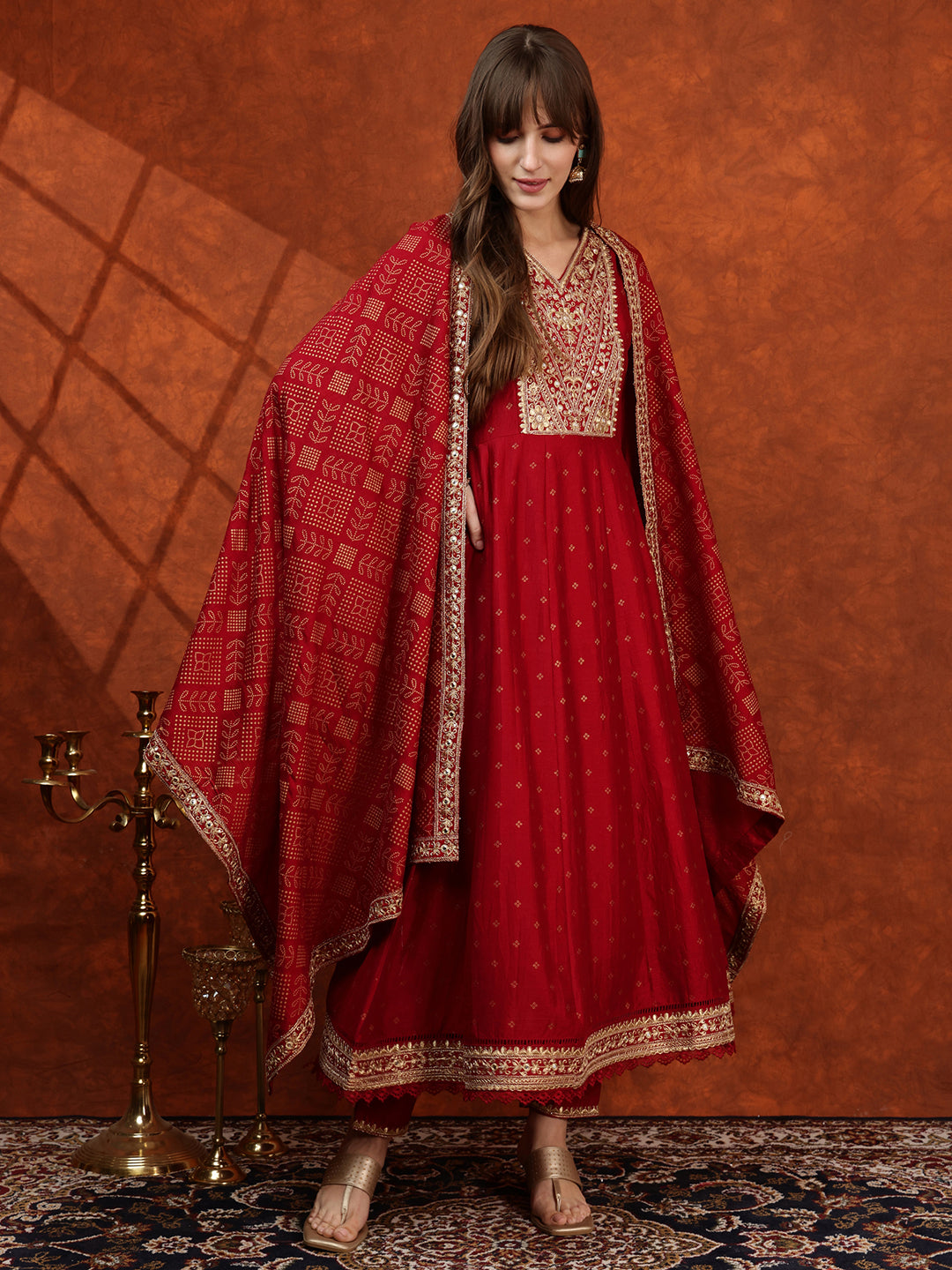 Embroidered Anarkali Kurta With Pant & Bandhni Printed Dupatta, Maroon - Hiral Fashion