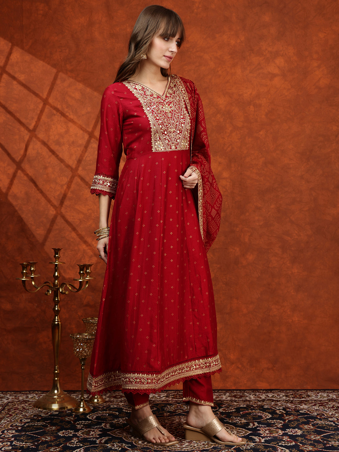 Embroidered Anarkali Kurta With Pant & Bandhni Printed Dupatta, Maroon - Hiral Fashion
