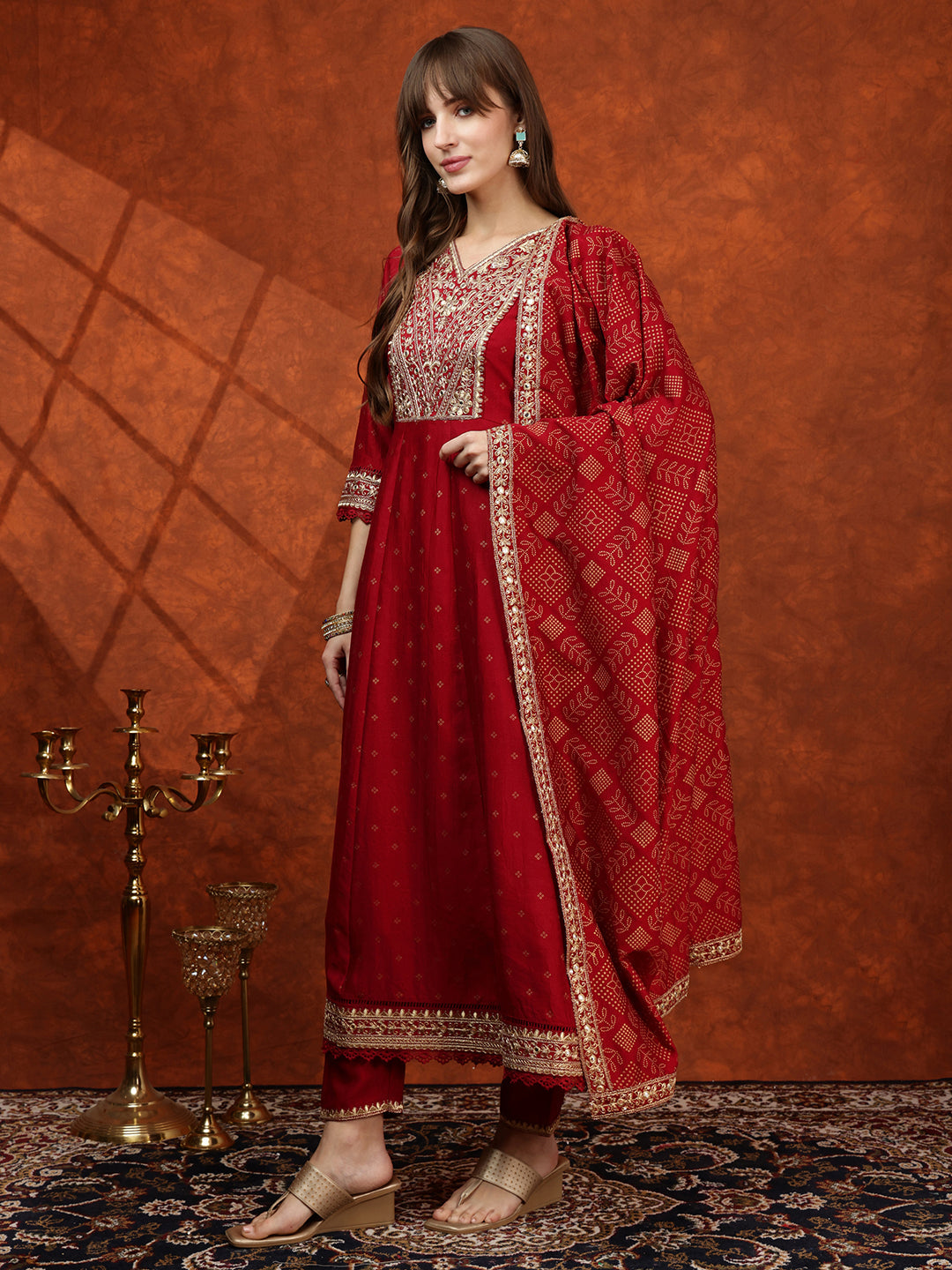 Embroidered Anarkali Kurta With Pant & Bandhni Printed Dupatta, Maroon - Hiral Fashion