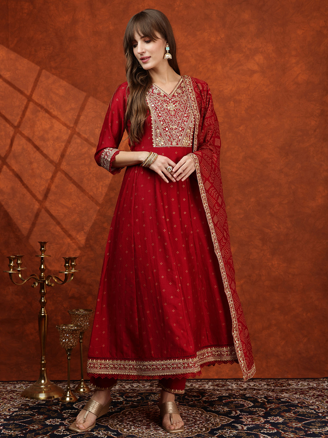 Embroidered Anarkali Kurta With Pant & Bandhni Printed Dupatta, Maroon - Hiral Fashion