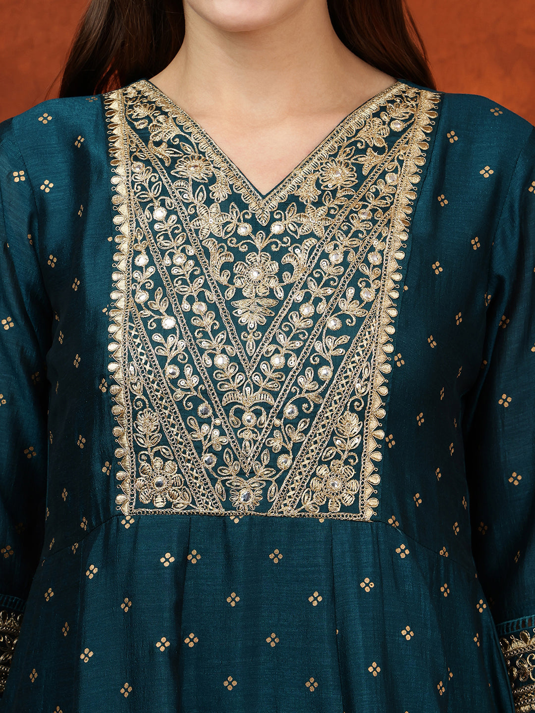 Embroidered Anarkali Kurta With Pant & Bandhni Printed Dupatta, Floral; Teal - Hiral Fashion