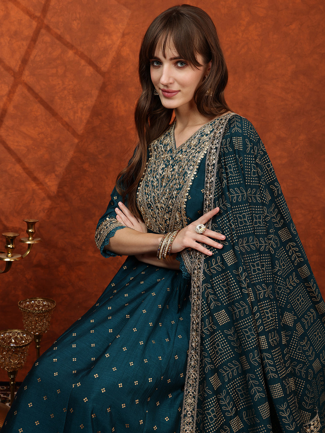 Embroidered Anarkali Kurta With Pant & Bandhni Printed Dupatta, Floral; Teal - Hiral Fashion