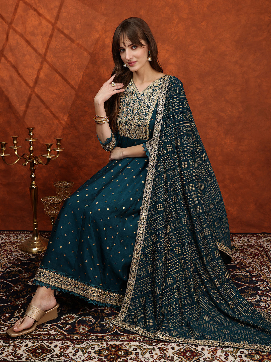 Embroidered Anarkali Kurta With Pant & Bandhni Printed Dupatta, Floral; Teal - Hiral Fashion