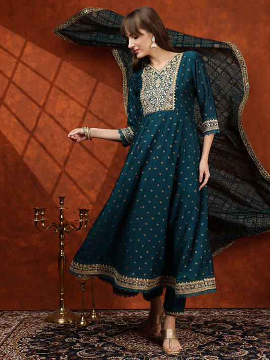Embroidered Anarkali Kurta With Pant & Bandhni Printed Dupatta, Floral; Teal - Hiral Fashion