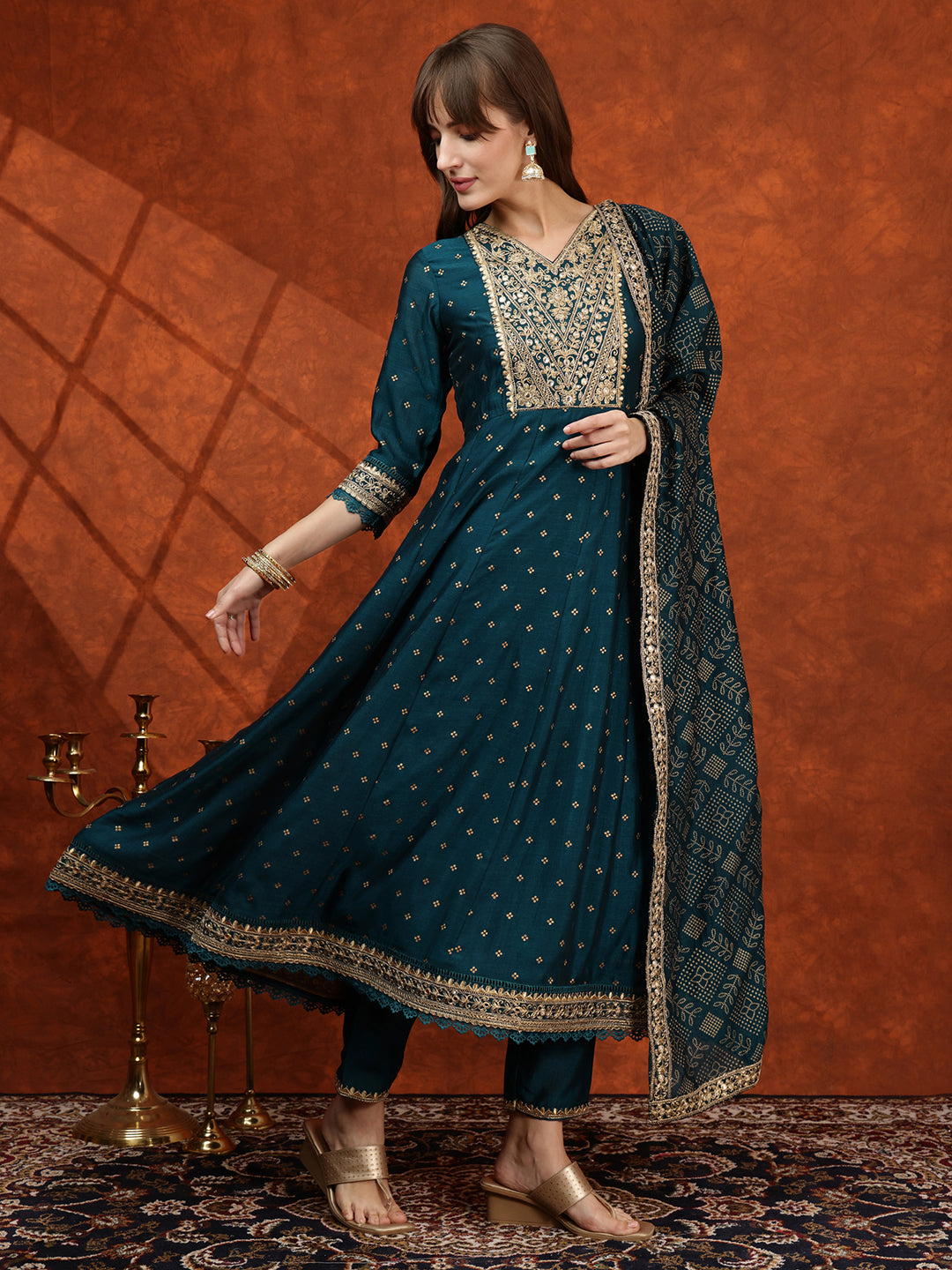 Embroidered Anarkali Kurta With Pant & Bandhni Printed Dupatta, Floral; Teal - Hiral Fashion