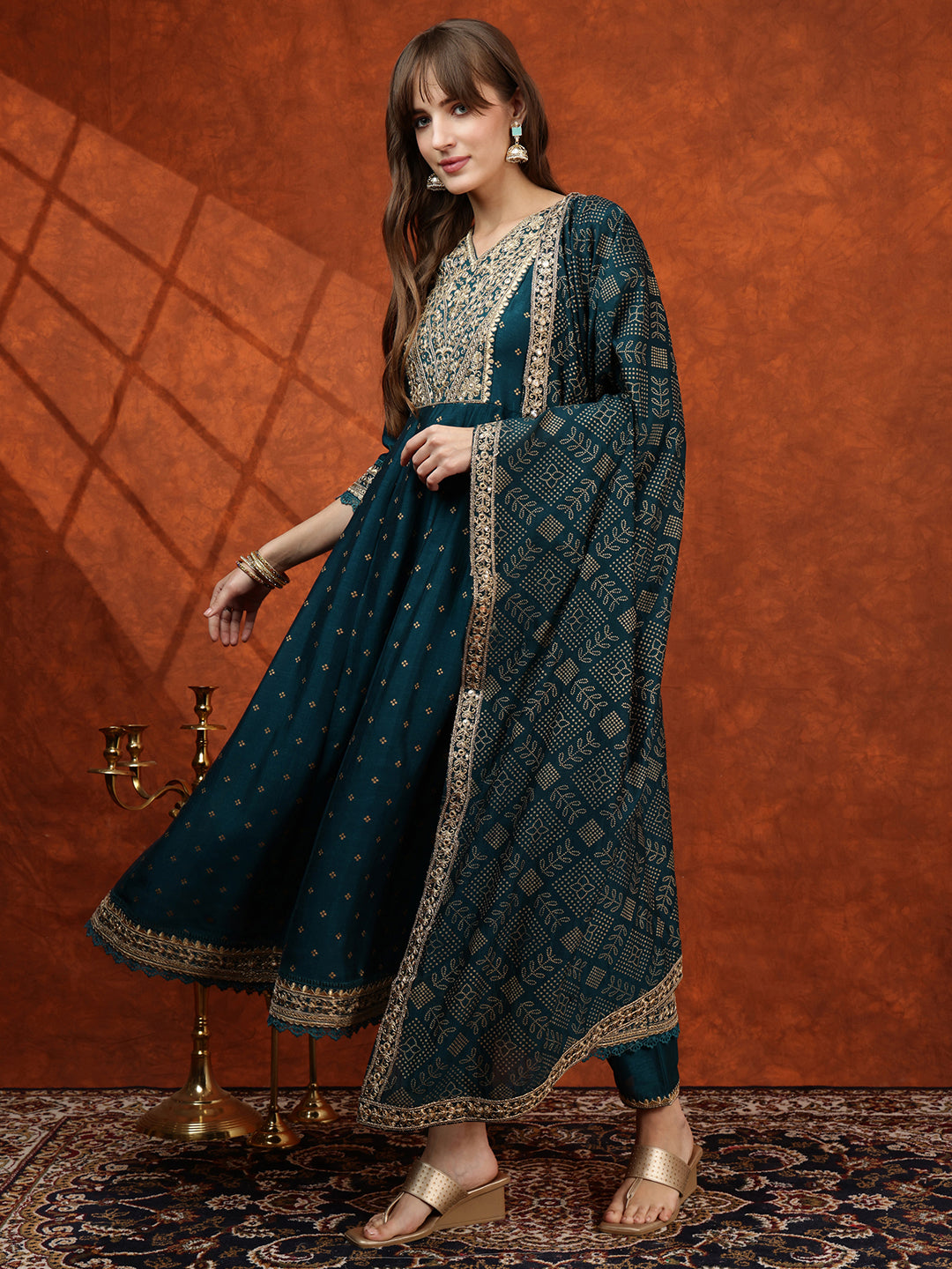 Embroidered Anarkali Kurta With Pant & Bandhni Printed Dupatta, Floral; Teal - Hiral Fashion
