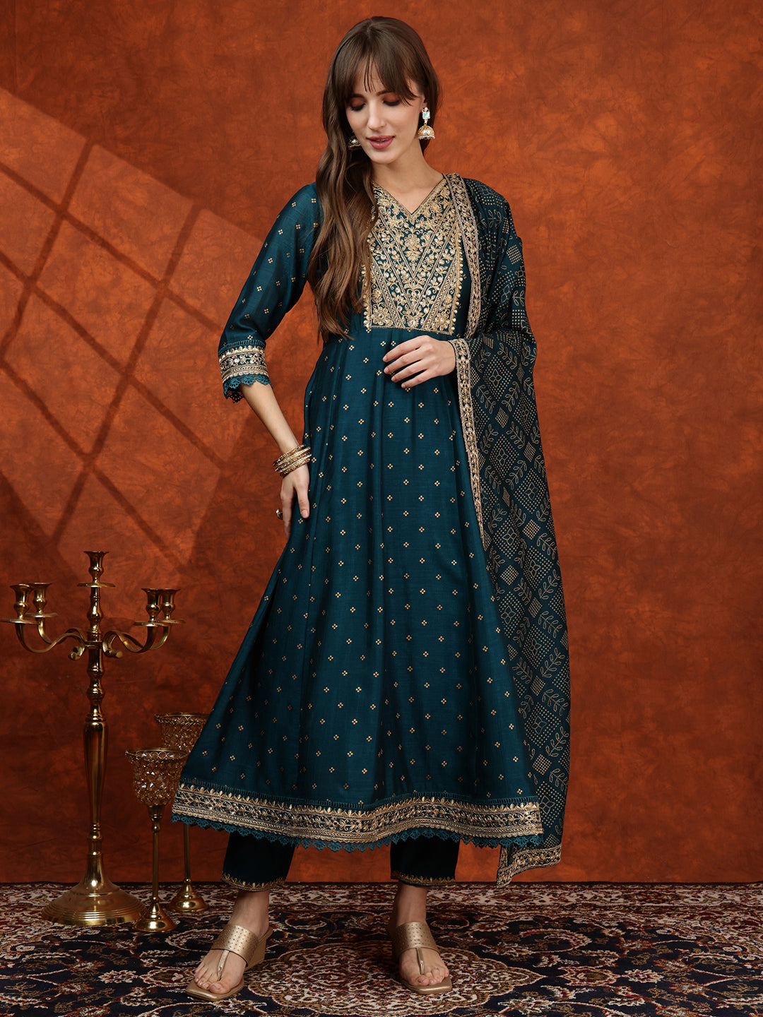 Embroidered Anarkali Kurta With Pant & Bandhni Printed Dupatta, Floral; Teal - Hiral Fashion