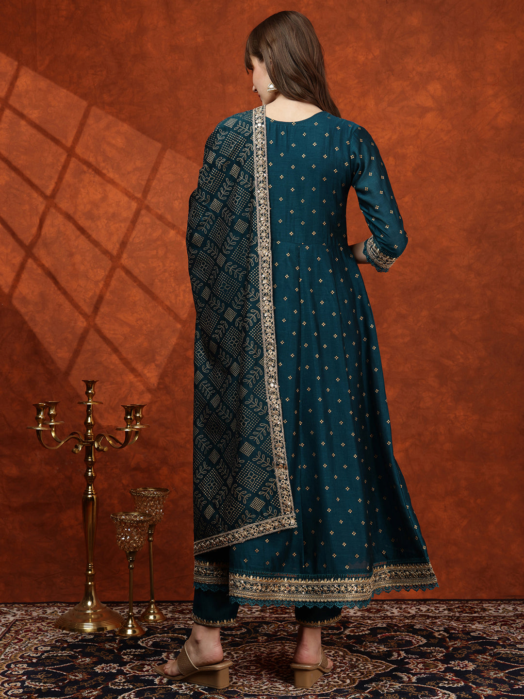 Embroidered Anarkali Kurta With Pant & Bandhni Printed Dupatta, Floral; Teal - Hiral Fashion