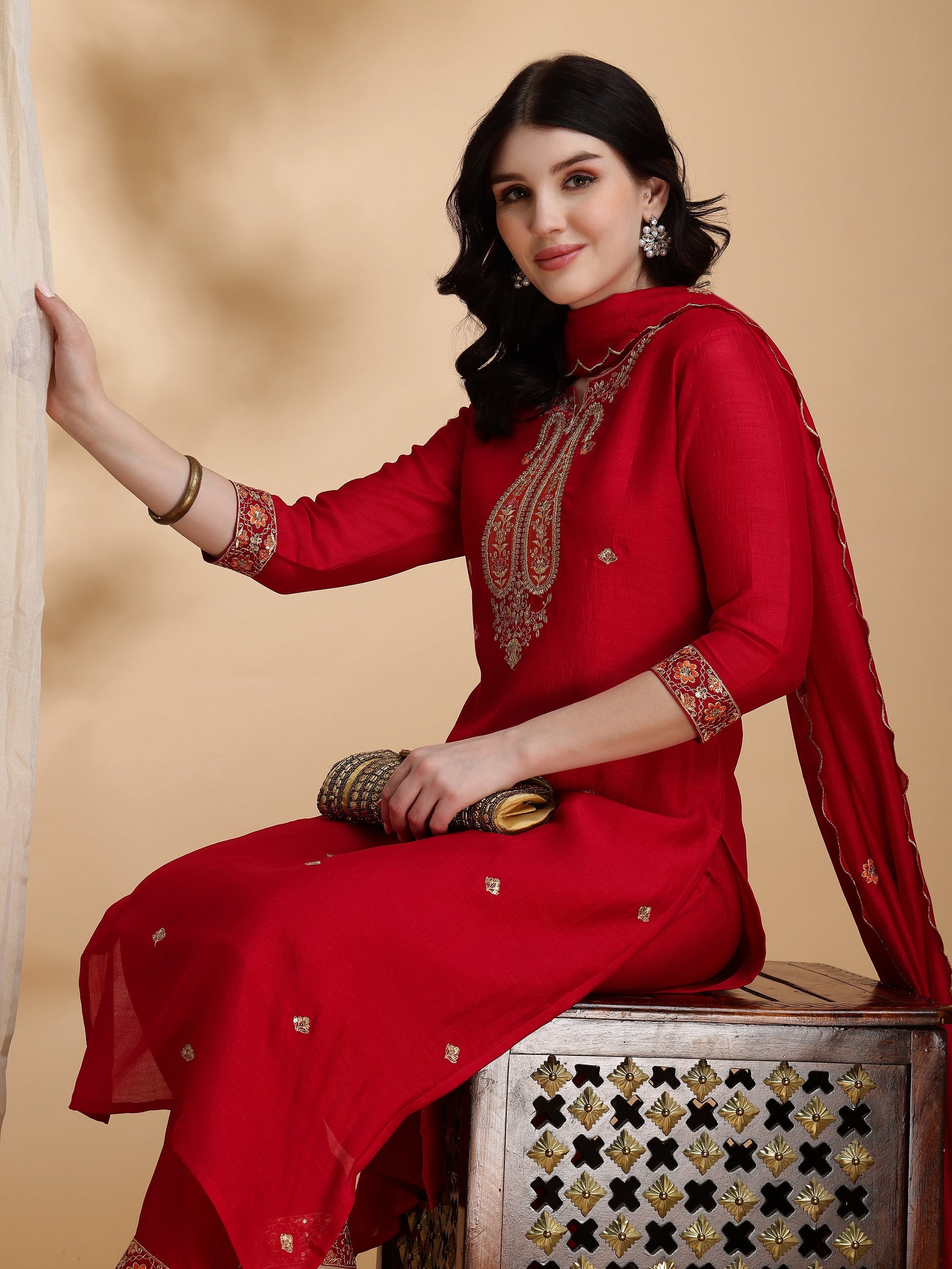 Embroidered Kurta With Pant & Embroidered Dupatta, Pink - Hiral Fashion