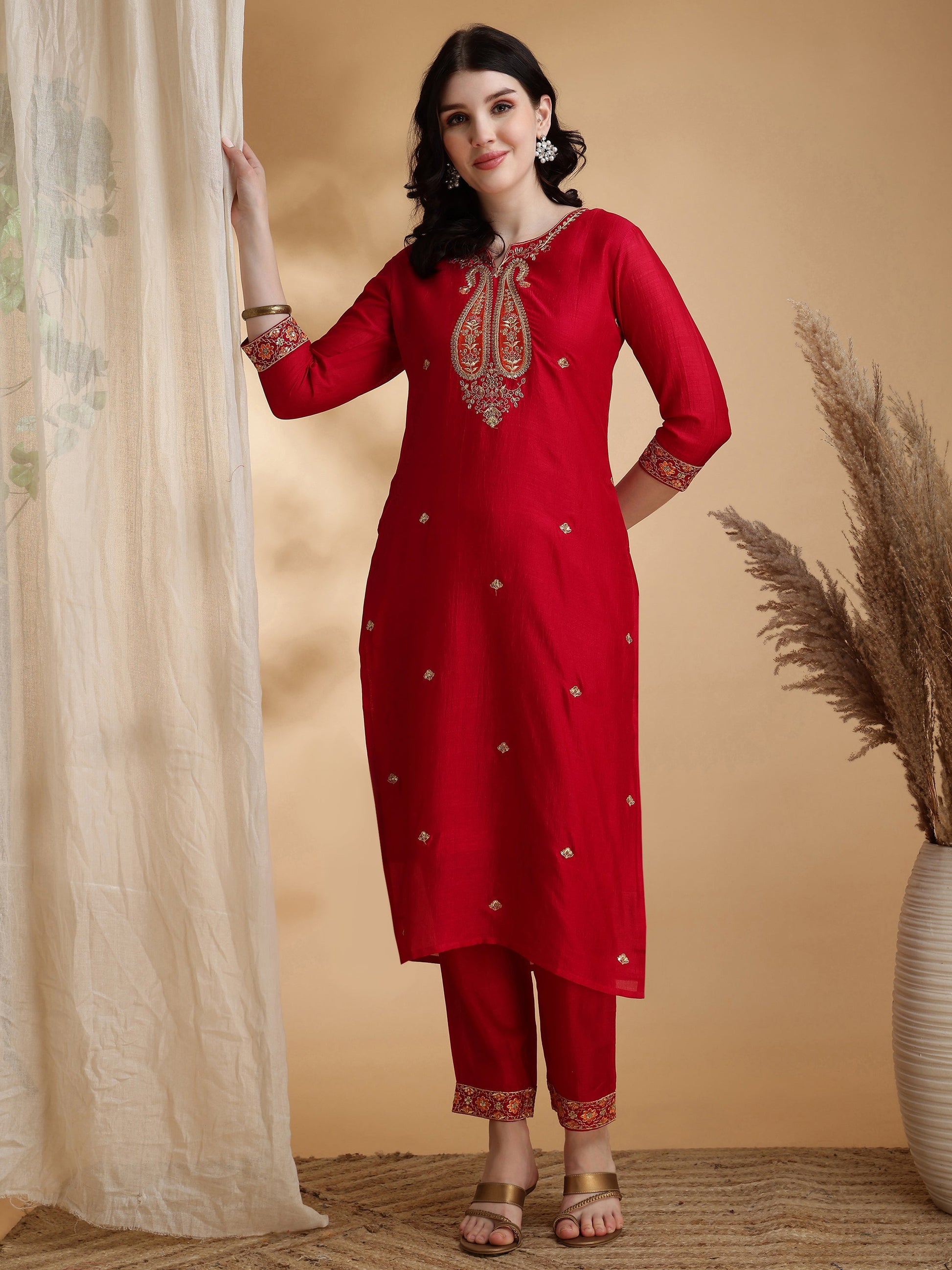 Embroidered Kurta With Pant & Embroidered Dupatta, Pink - Hiral Fashion